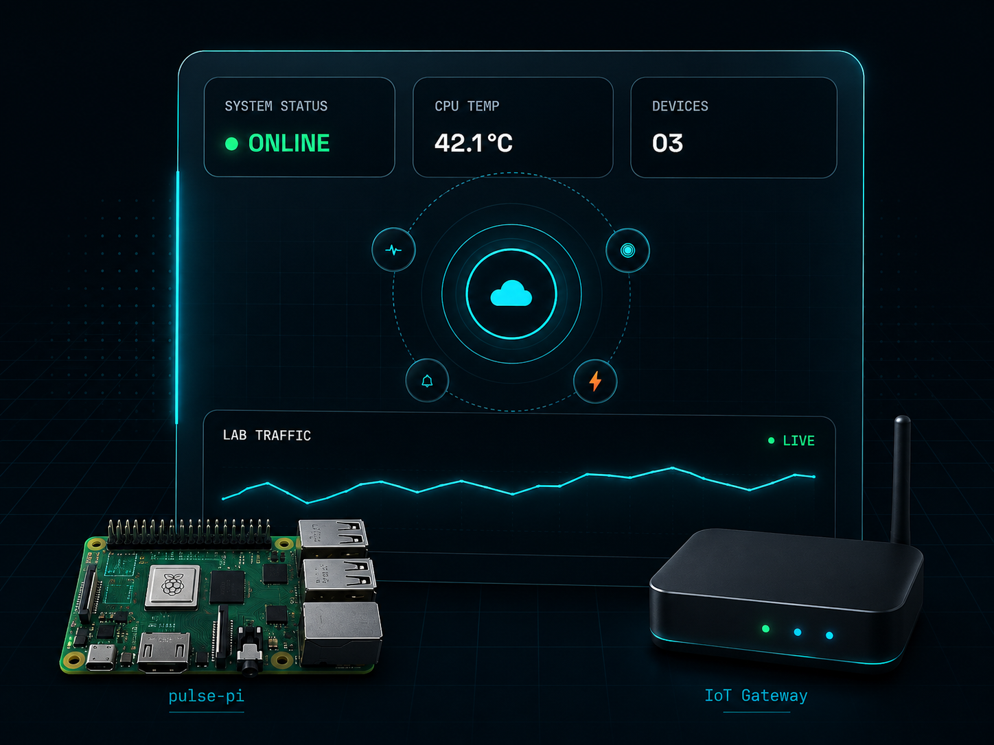 Futuristic lab dashboard showing system status, CPU temperature, device count, pulse-pi, and IoT Gateway.